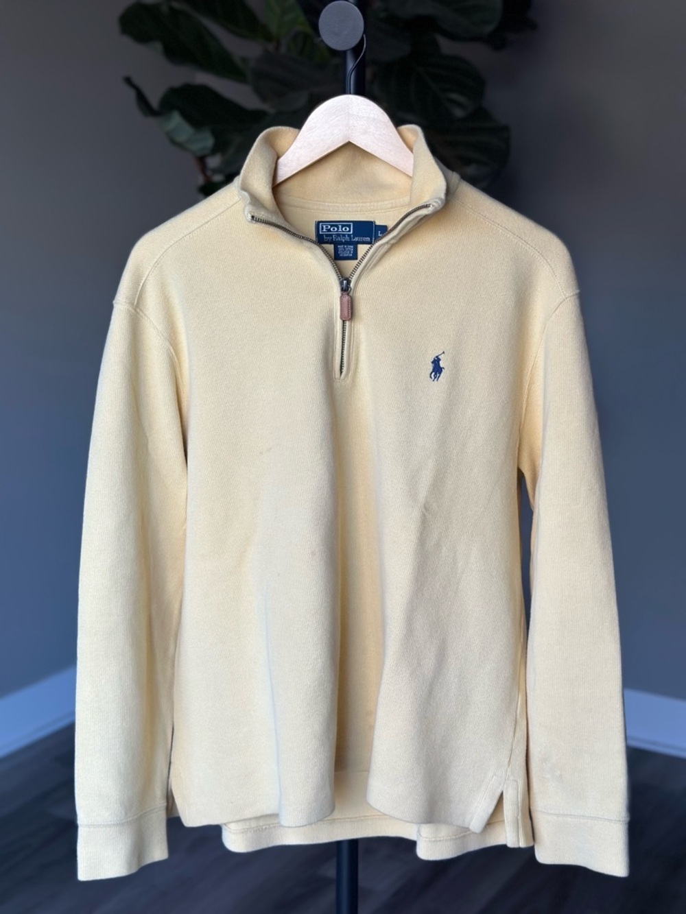 Polo by Ralph Lauren Men's L Yellow Navy Blue Quarter-Zip Long Sleeve Sweater